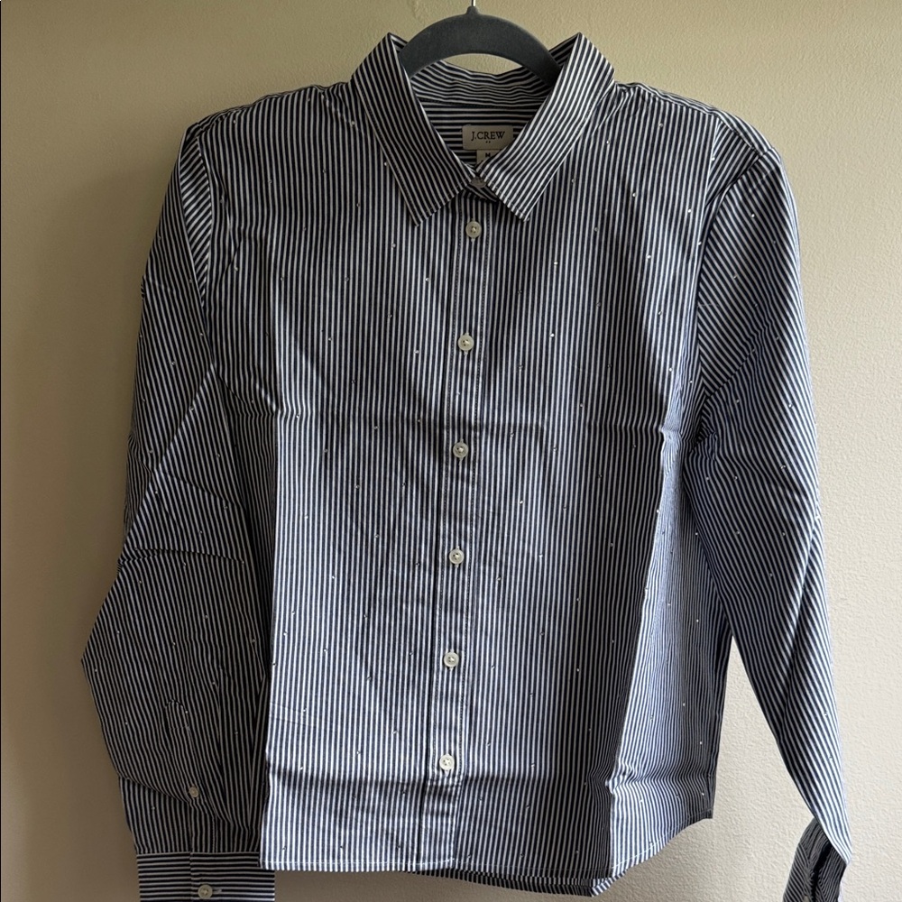 J. Crew Women’s Navy and White Pinstripe Button-Up Shirt